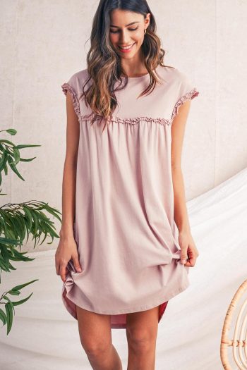 Women Oatmeal Frilled Trim Crewneck Loose Fit Mini Dress | Short Dresses