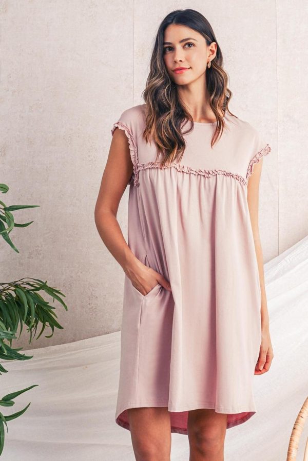 Women Oatmeal Frilled Trim Crewneck Loose Fit Mini Dress | Short Dresses - Image 2