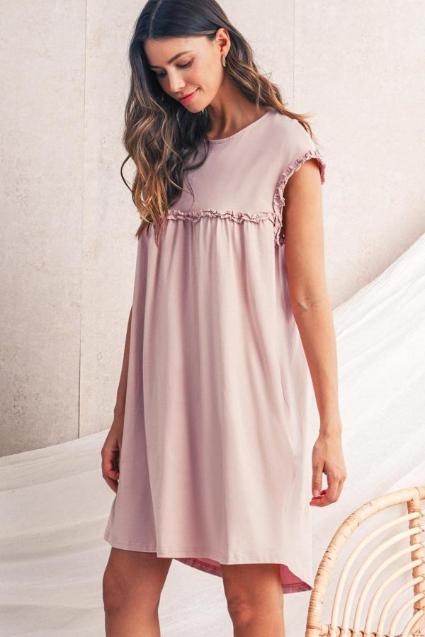 Women Oatmeal Frilled Trim Crewneck Loose Fit Mini Dress | Short Dresses - Image 3