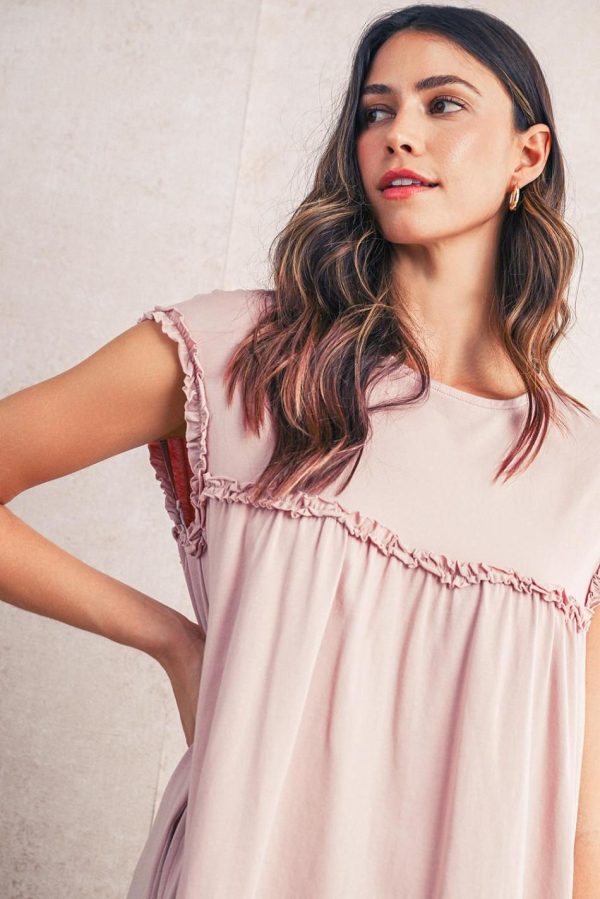 Women Oatmeal Frilled Trim Crewneck Loose Fit Mini Dress | Short Dresses - Image 5