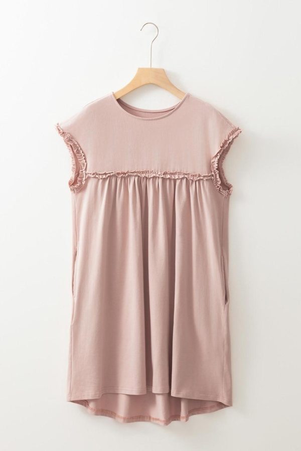 Women Oatmeal Frilled Trim Crewneck Loose Fit Mini Dress | Short Dresses - Image 6