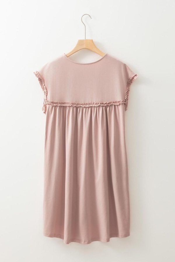Women Oatmeal Frilled Trim Crewneck Loose Fit Mini Dress | Short Dresses - Image 7