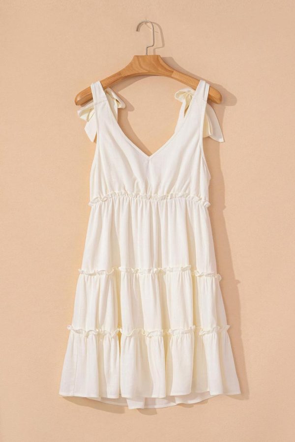 Women Oatmeal Solid Color Tie Strap Ruffle Tiered Mini Dress | Short Dresses - Image 7