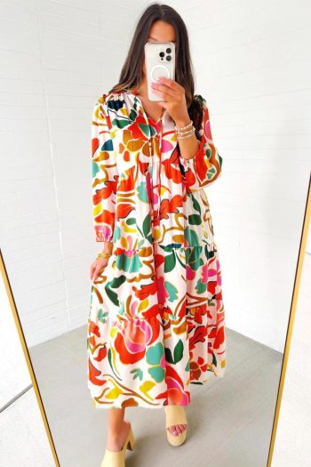 Women Orange Abstract Tie V Neck Tiered Maxi Dress | Maxi Dresses