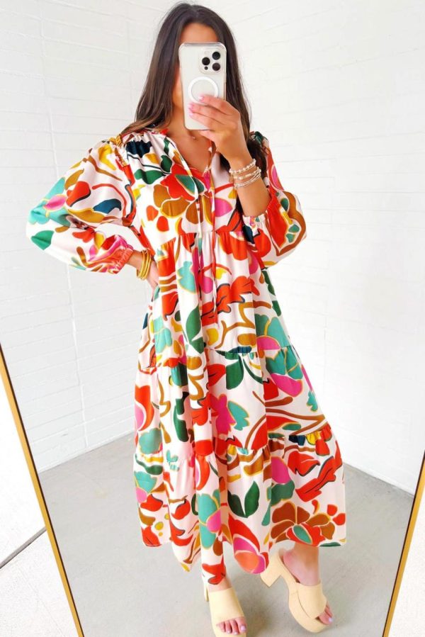 Women Orange Abstract Tie V Neck Tiered Maxi Dress | Maxi Dresses - Image 2