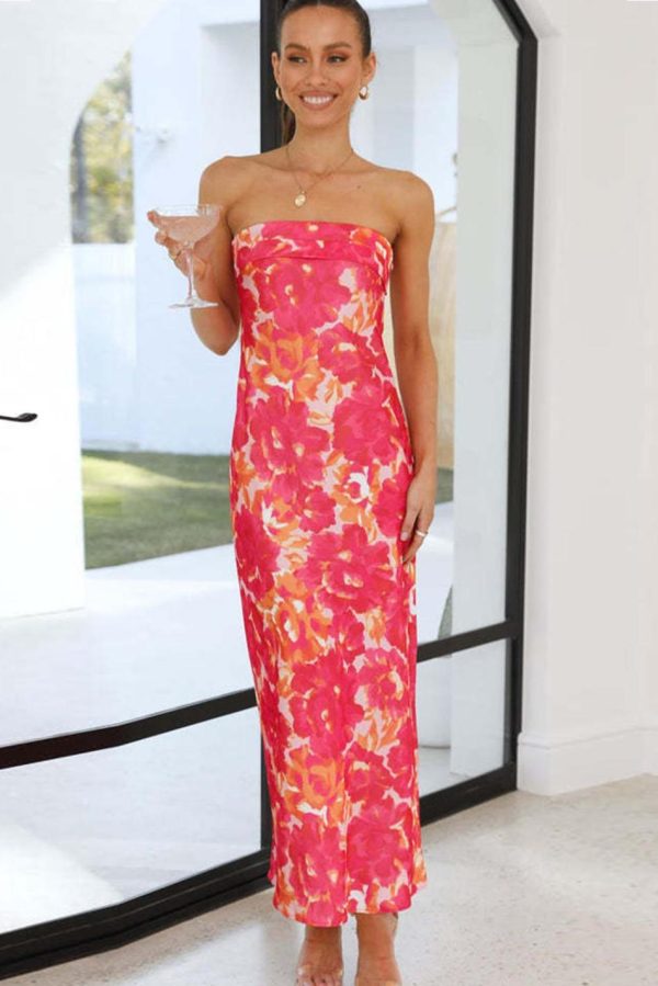 Women Orange Floral Print Backless Slim Fit Tube Maxi Dress | Maxi Dresses - Image 2