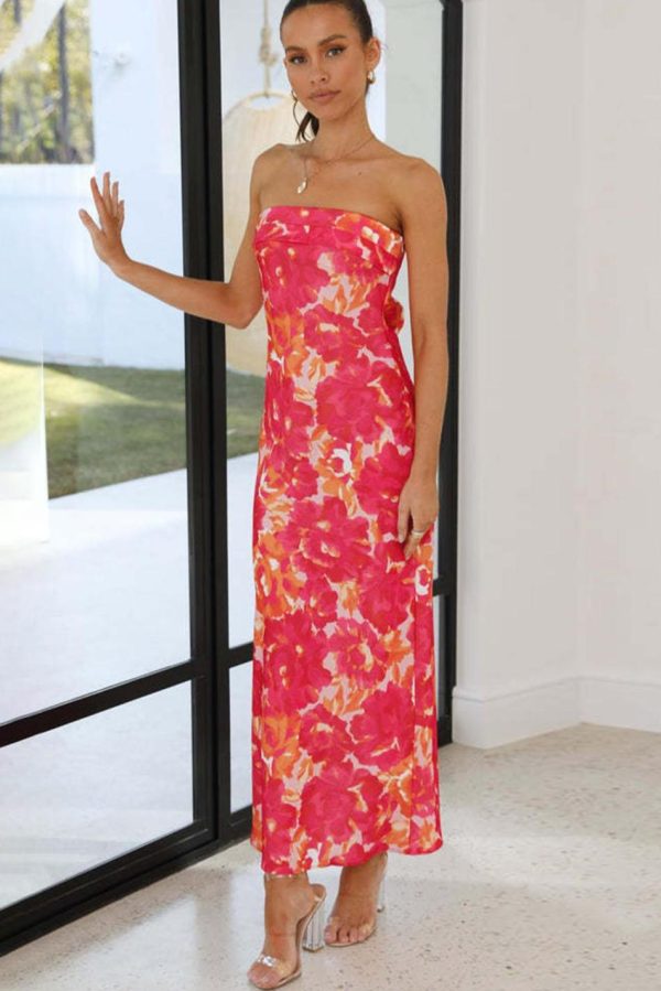 Women Orange Floral Print Backless Slim Fit Tube Maxi Dress | Maxi Dresses - Image 4