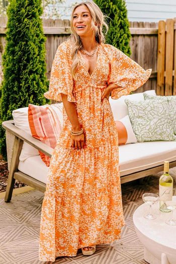 Women Orange Floral Print Smocked V Neck Bell Sleeve Maxi Dress | Maxi Dresses