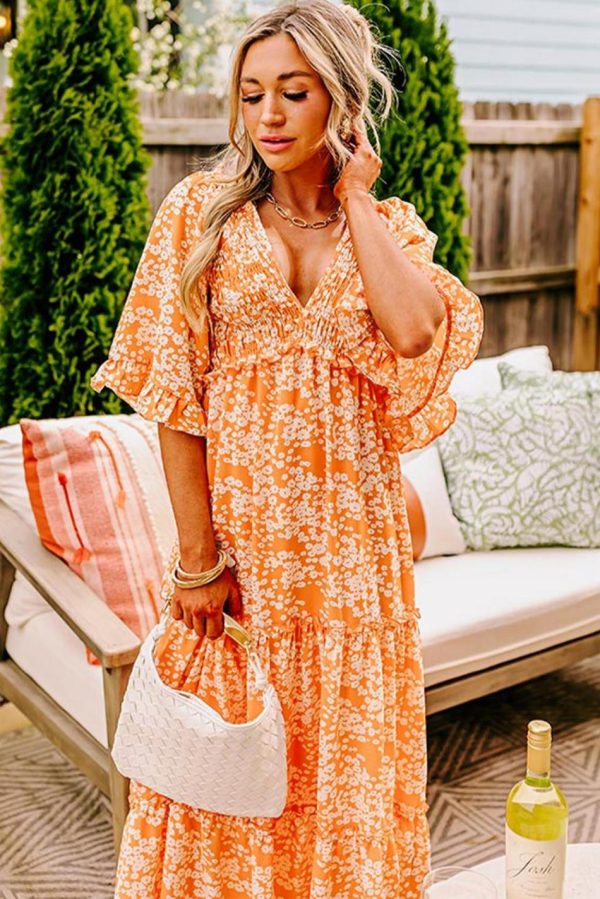 Women Orange Floral Print Smocked V Neck Bell Sleeve Maxi Dress | Maxi Dresses - Image 2