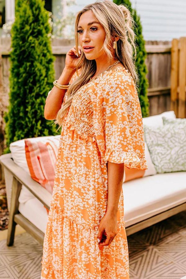 Women Orange Floral Print Smocked V Neck Bell Sleeve Maxi Dress | Maxi Dresses - Image 3