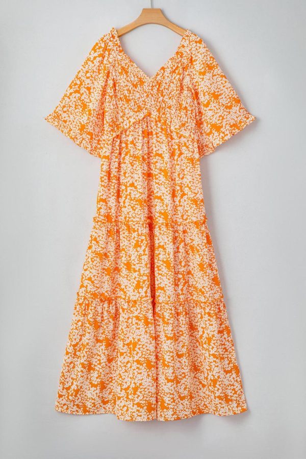 Women Orange Floral Print Smocked V Neck Bell Sleeve Maxi Dress | Maxi Dresses - Image 4