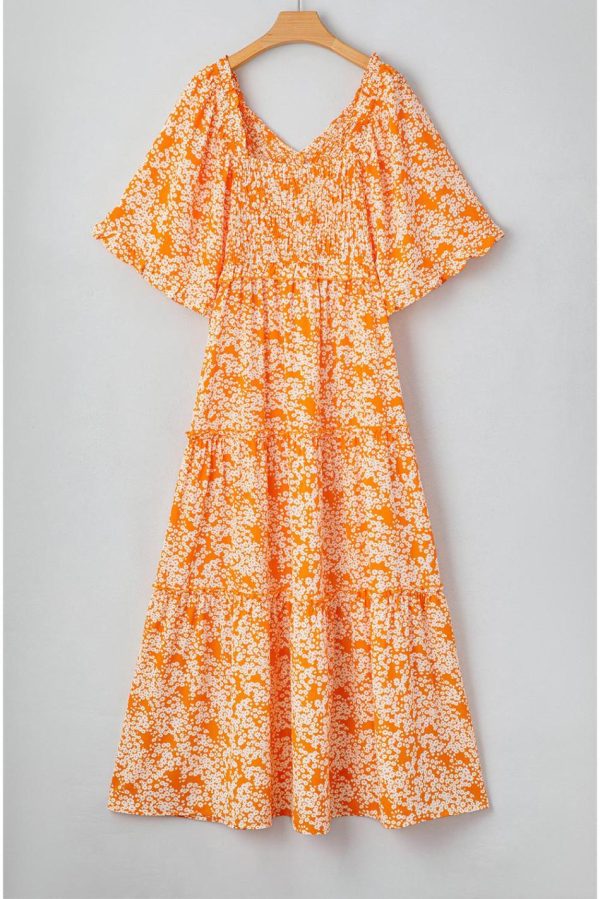 Women Orange Floral Print Smocked V Neck Bell Sleeve Maxi Dress | Maxi Dresses - Image 5