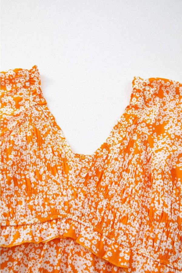 Women Orange Floral Print Smocked V Neck Bell Sleeve Maxi Dress | Maxi Dresses - Image 6