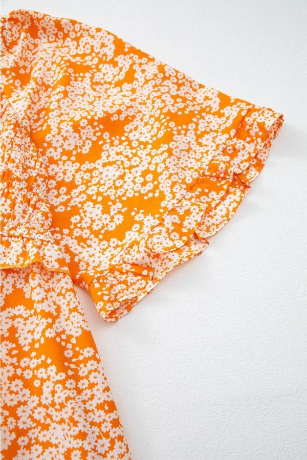 Women Orange Floral Print Smocked V Neck Bell Sleeve Maxi Dress | Maxi Dresses - Image 7