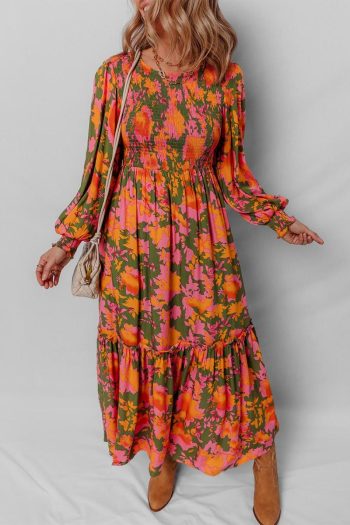 Women Orange Floral Puff Sleeve Smocked Bodice Frill Tiered Dress | Maxi Dresses