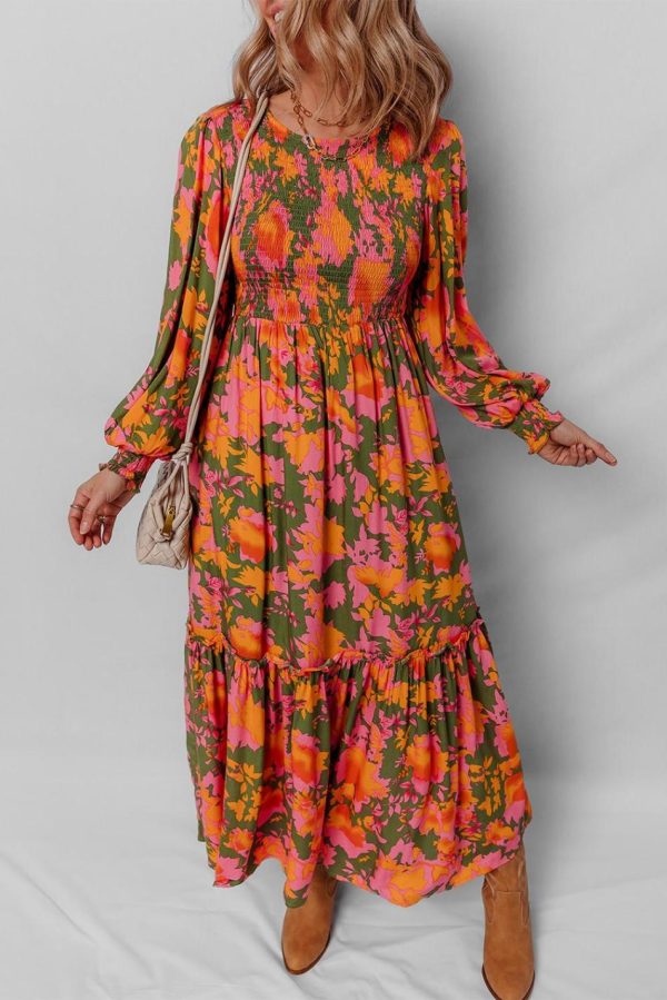 Women Orange Floral Puff Sleeve Smocked Bodice Frill Tiered Dress | Maxi Dresses