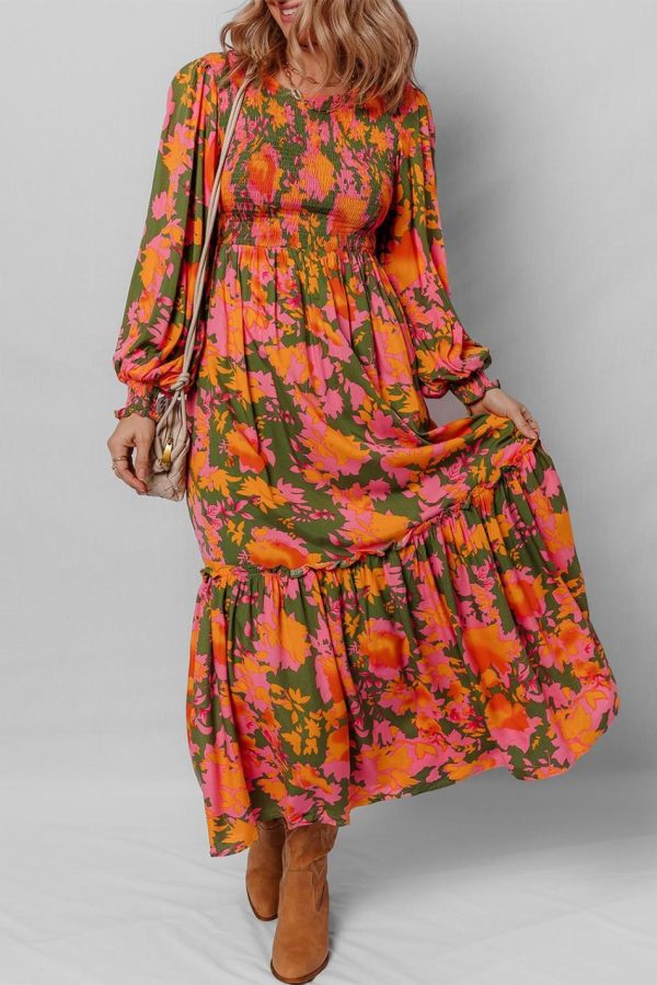 Women Orange Floral Puff Sleeve Smocked Bodice Frill Tiered Dress | Maxi Dresses - Image 2
