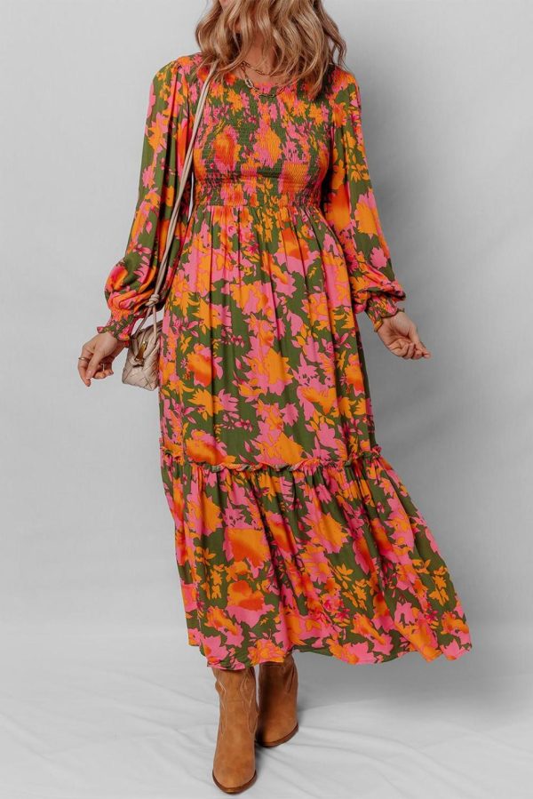 Women Orange Floral Puff Sleeve Smocked Bodice Frill Tiered Dress | Maxi Dresses - Image 3