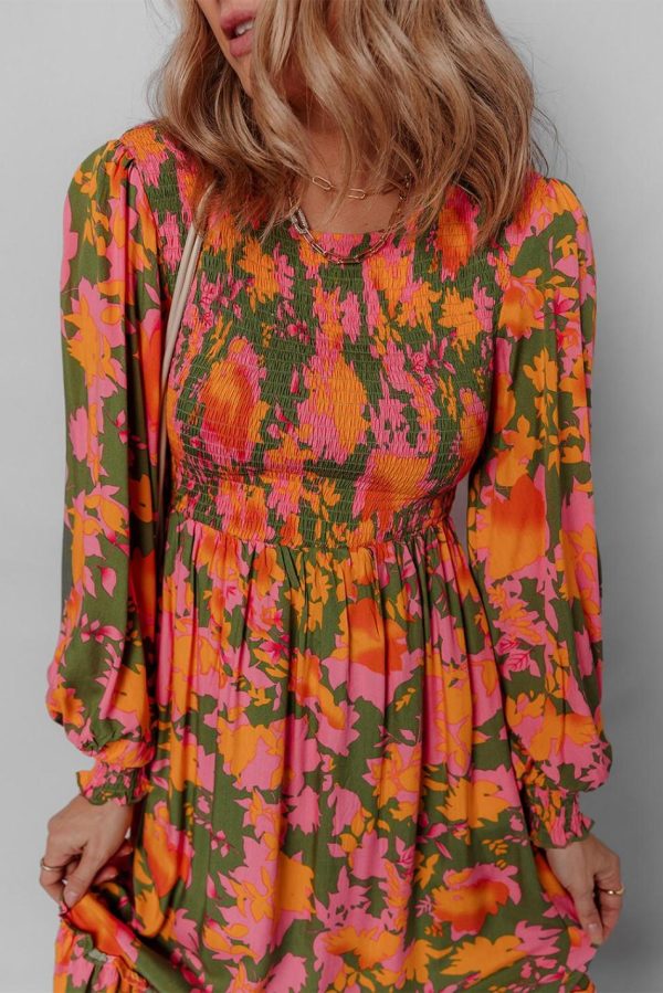 Women Orange Floral Puff Sleeve Smocked Bodice Frill Tiered Dress | Maxi Dresses - Image 4