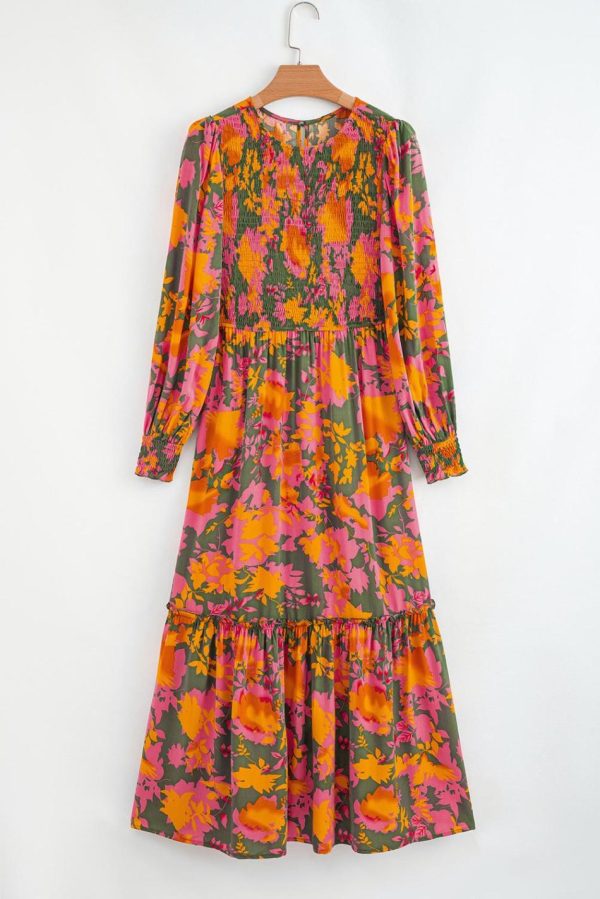 Women Orange Floral Puff Sleeve Smocked Bodice Frill Tiered Dress | Maxi Dresses - Image 5