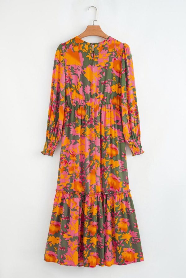 Women Orange Floral Puff Sleeve Smocked Bodice Frill Tiered Dress | Maxi Dresses - Image 6