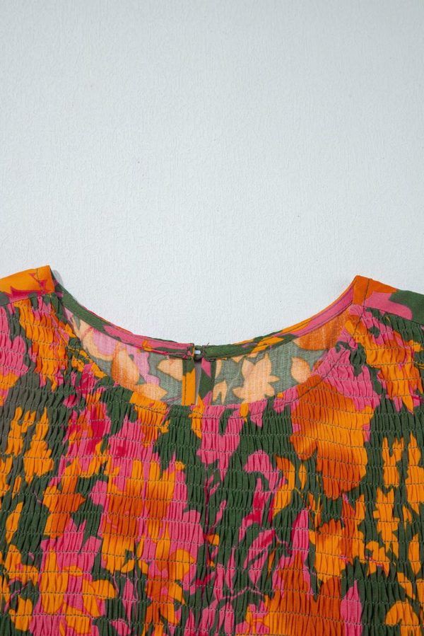 Women Orange Floral Puff Sleeve Smocked Bodice Frill Tiered Dress | Maxi Dresses - Image 7