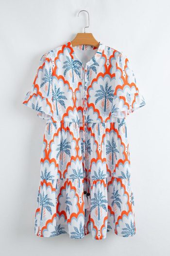 Women Orange Palm Tree Print Short Sleeve Flowy Dress | Short Dresses