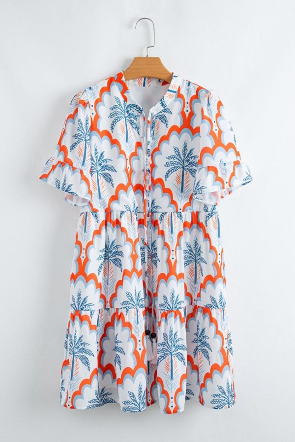 Women Orange Palm Tree Print Short Sleeve Flowy Dress | Short Dresses