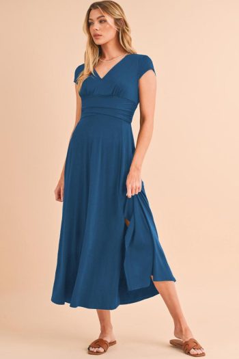 Women Peacock Blue Deep V Neck Ruched High Waist Midi Dress | Midi Dresses