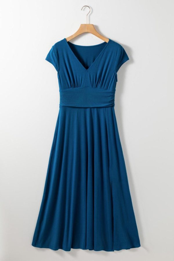 Women Peacock Blue Deep V Neck Ruched High Waist Midi Dress | Midi Dresses - Image 3