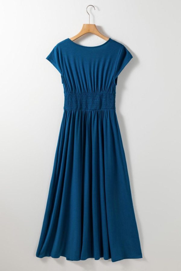 Women Peacock Blue Deep V Neck Ruched High Waist Midi Dress | Midi Dresses - Image 4