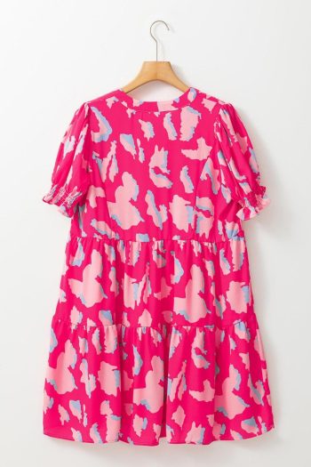 Women Pink Abstract Print V Neck Smocked Sleeve Mini Dress | Short Dresses