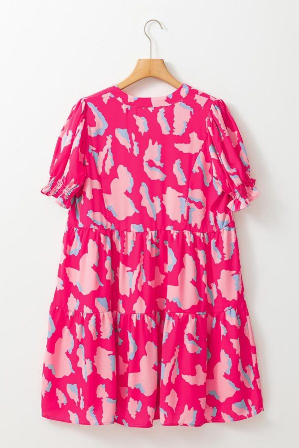 Women Pink Abstract Print V Neck Smocked Sleeve Mini Dress | Short Dresses