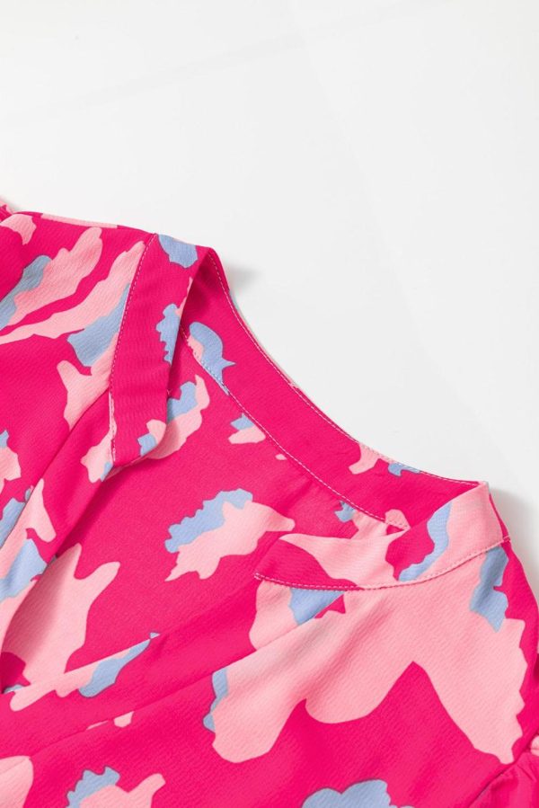 Women Pink Abstract Print V Neck Smocked Sleeve Mini Dress | Short Dresses - Image 2
