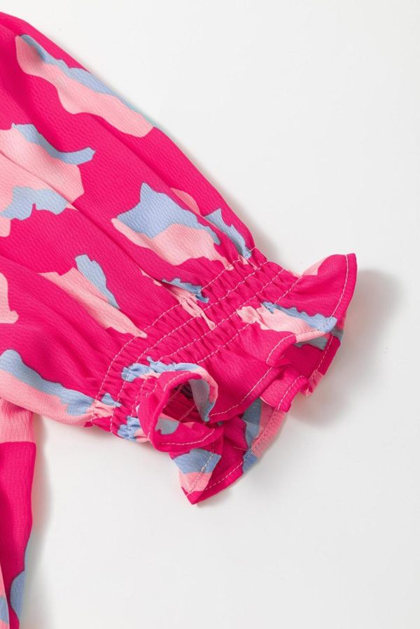 Women Pink Abstract Print V Neck Smocked Sleeve Mini Dress | Short Dresses - Image 3