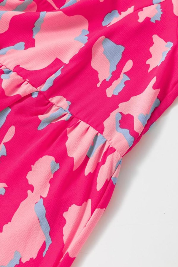 Women Pink Abstract Print V Neck Smocked Sleeve Mini Dress | Short Dresses - Image 4