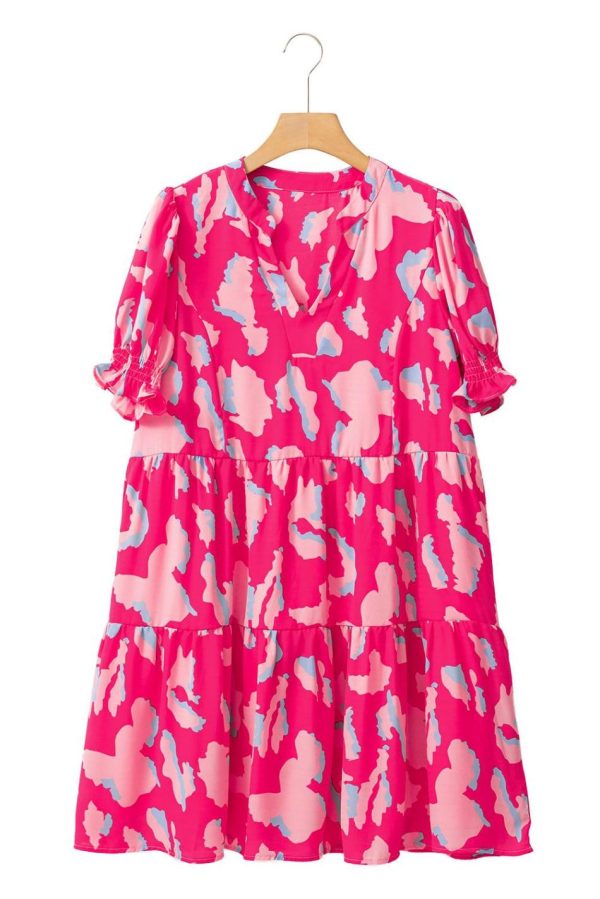 Women Pink Abstract Print V Neck Smocked Sleeve Mini Dress | Short Dresses - Image 7