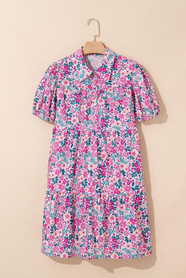 Women Pink Allover Floral Print Collar Half Button Short Sleeve Loose Dress | Short Dresses - Image 3