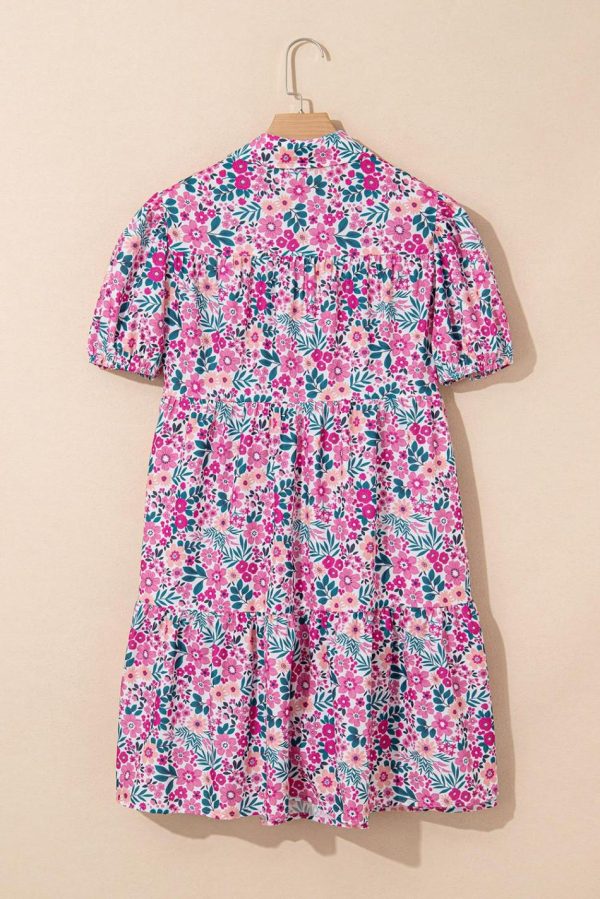 Women Pink Allover Floral Print Collar Half Button Short Sleeve Loose Dress | Short Dresses - Image 4