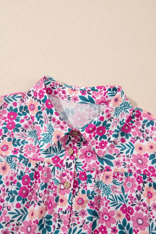 Women Pink Allover Floral Print Collar Half Button Short Sleeve Loose Dress | Short Dresses - Image 5
