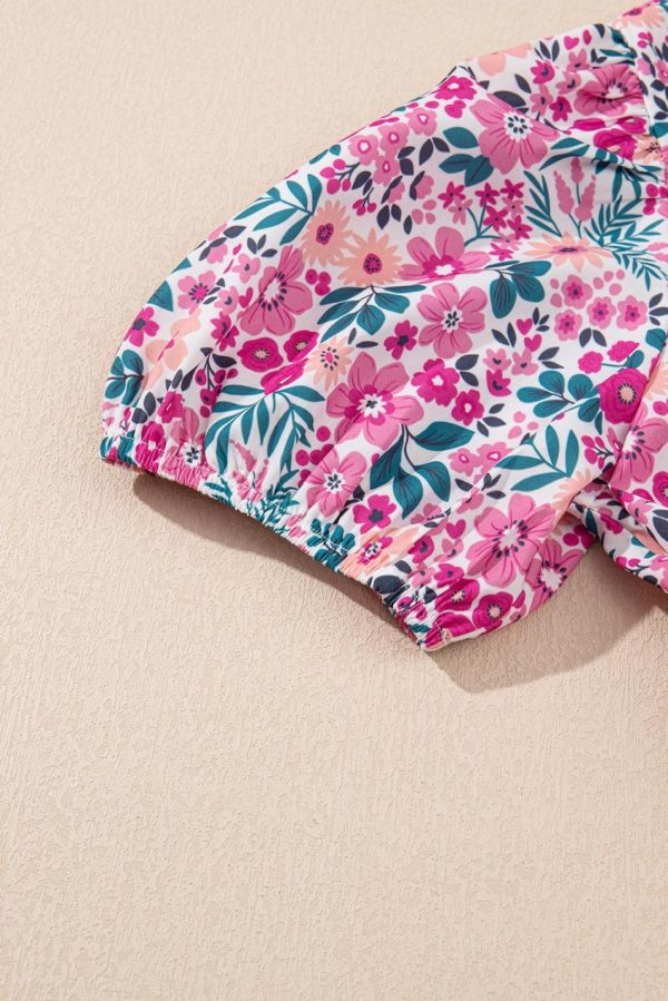Women Pink Allover Floral Print Collar Half Button Short Sleeve Loose Dress | Short Dresses - Image 7