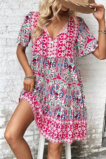 Women Pink Bohemian Tie Neck Flounce Sleeve Ruffle Hem Mini Dress | Short Dresses