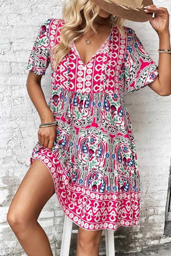 Women Pink Bohemian Tie Neck Flounce Sleeve Ruffle Hem Mini Dress | Short Dresses