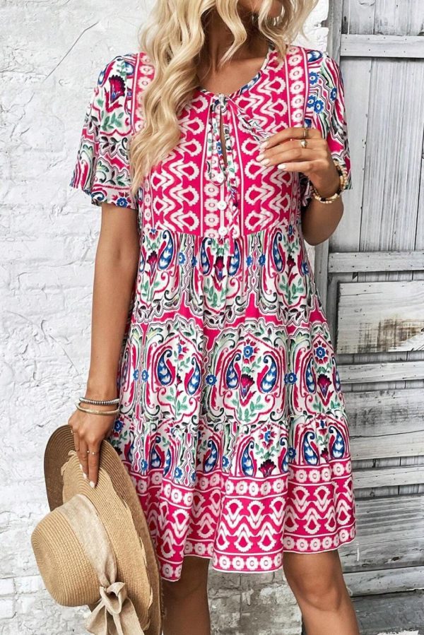 Women Pink Bohemian Tie Neck Flounce Sleeve Ruffle Hem Mini Dress | Short Dresses - Image 2