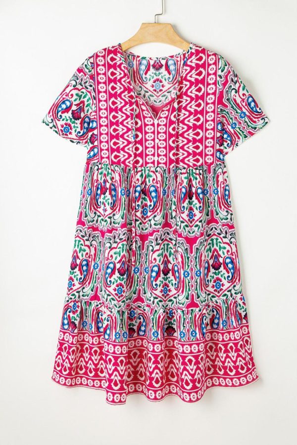 Women Pink Bohemian Tie Neck Flounce Sleeve Ruffle Hem Mini Dress | Short Dresses - Image 3