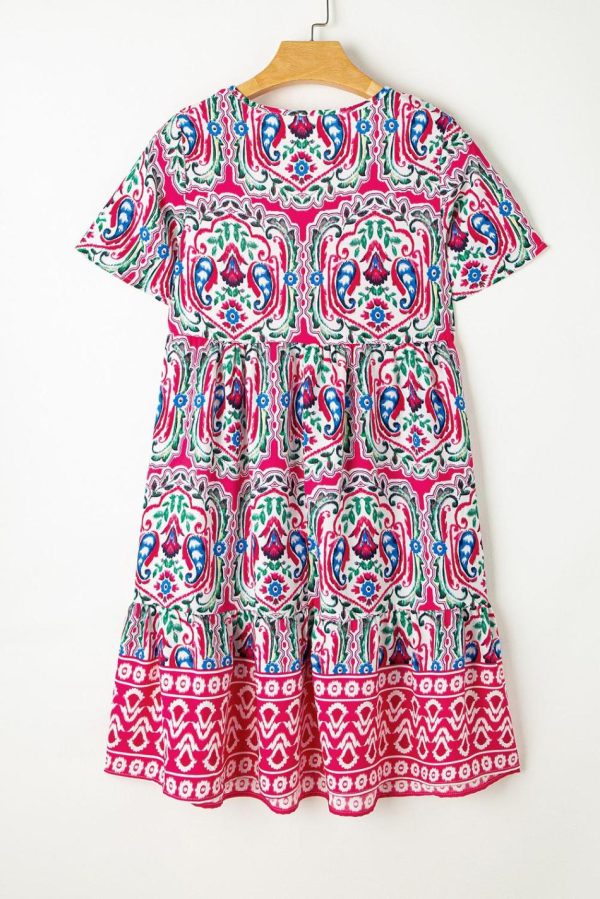 Women Pink Bohemian Tie Neck Flounce Sleeve Ruffle Hem Mini Dress | Short Dresses - Image 4