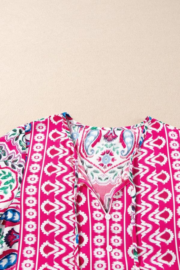 Women Pink Bohemian Tie Neck Flounce Sleeve Ruffle Hem Mini Dress | Short Dresses - Image 5