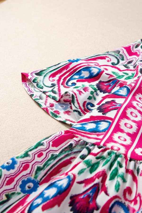 Women Pink Bohemian Tie Neck Flounce Sleeve Ruffle Hem Mini Dress | Short Dresses - Image 7