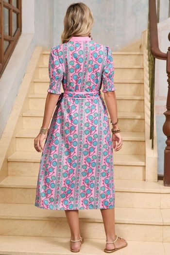 Women Pink Boho Floral Shirred Short Sleeve Belted Dress | Midi Dresses