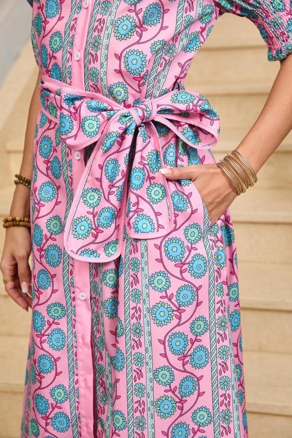 Women Pink Boho Floral Shirred Short Sleeve Belted Dress | Midi Dresses - Image 7
